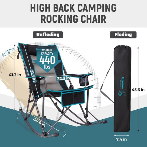 FUNDANGO Oversized Rocking Camping Chair - High Back Padded with Pillows & Cup Holders | Supports 440lbs (Black)