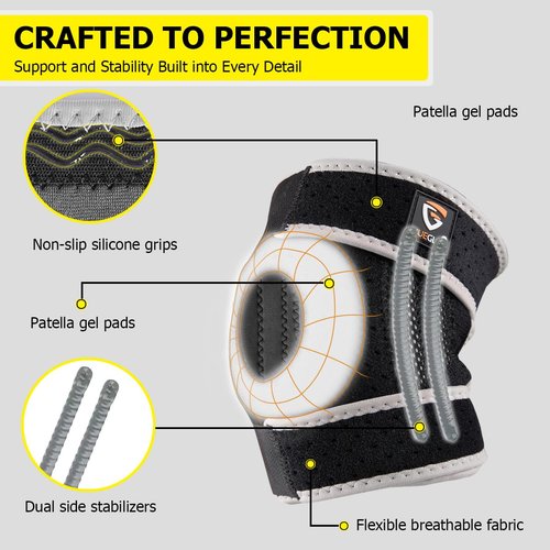 HUEGLO Kids Knee Brace Osgood Schlatter Youth for Knee Pain,Adjustable Compression Knee Support with Side Stabilizers for Sports,Arthritis,Patella,Meniscus Tear,Acl,X-Small Knee Brace for Boys & Girls,Black/Gray