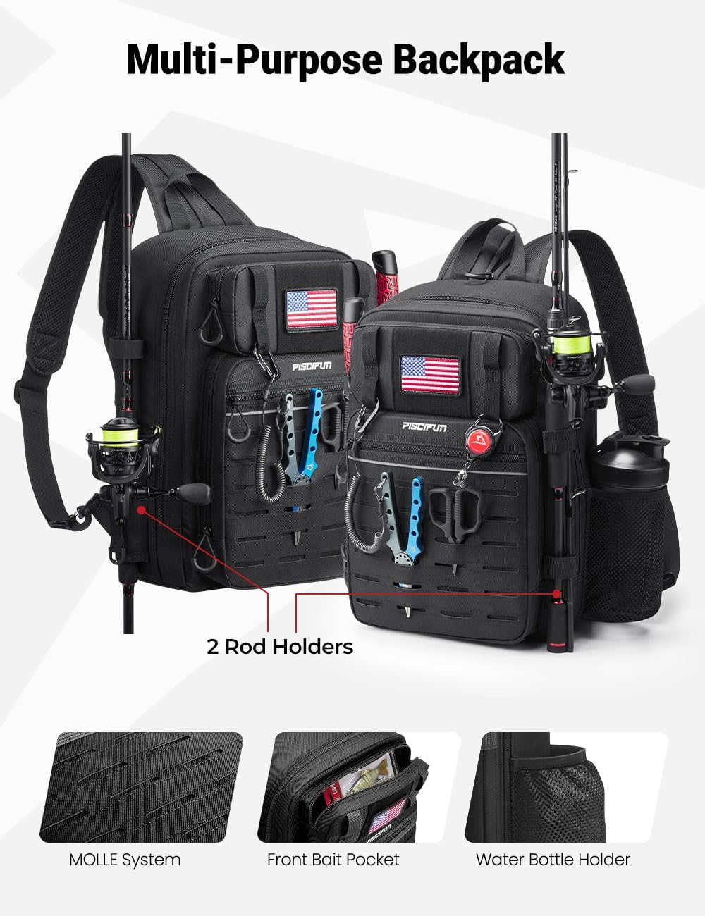 Piscifun Fishing Backpack - Water-Resistant Tackle Bag with 2 Rod Holders & Multi-Compartment Storage