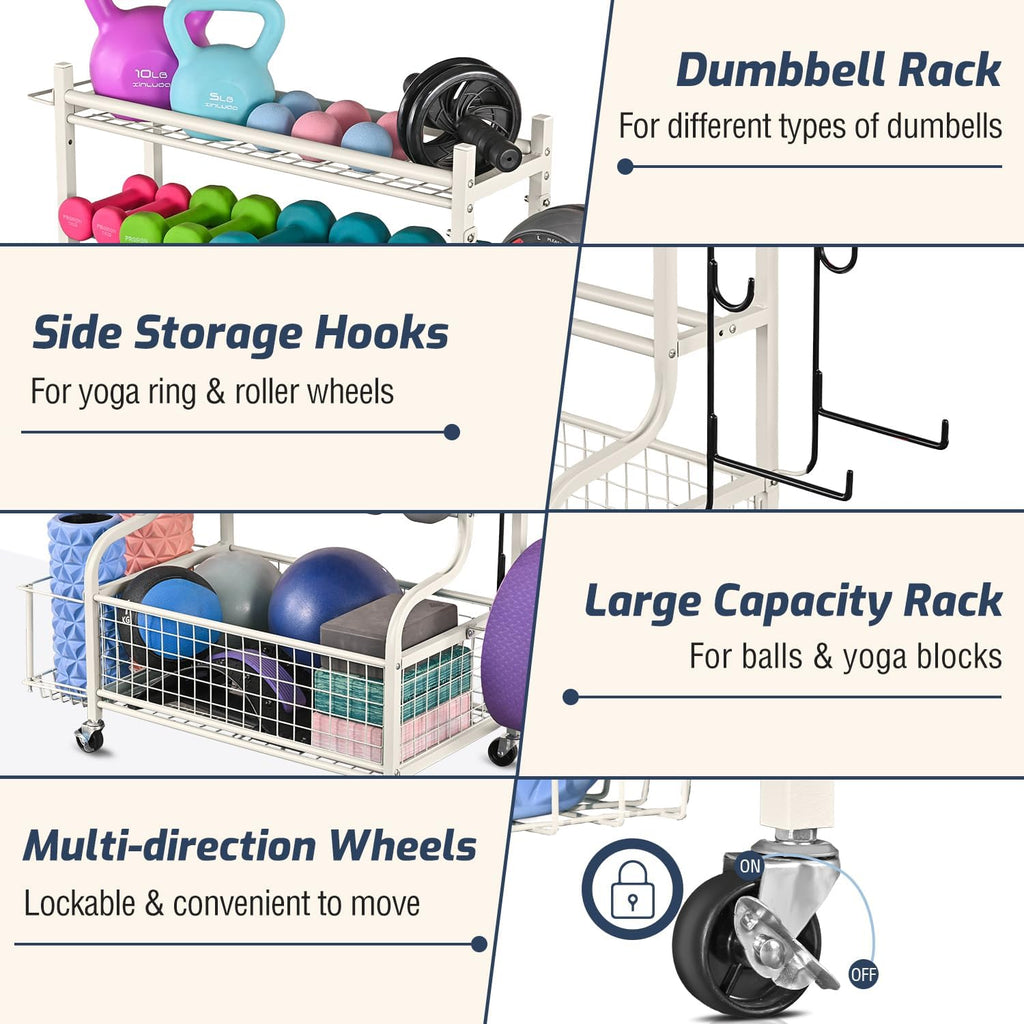 PLKOW Dumbbell Rack - All-In-One Home Gym Storage for Dumbbells, Kettlebells & Yoga Mats - Durable Steel with Wheels