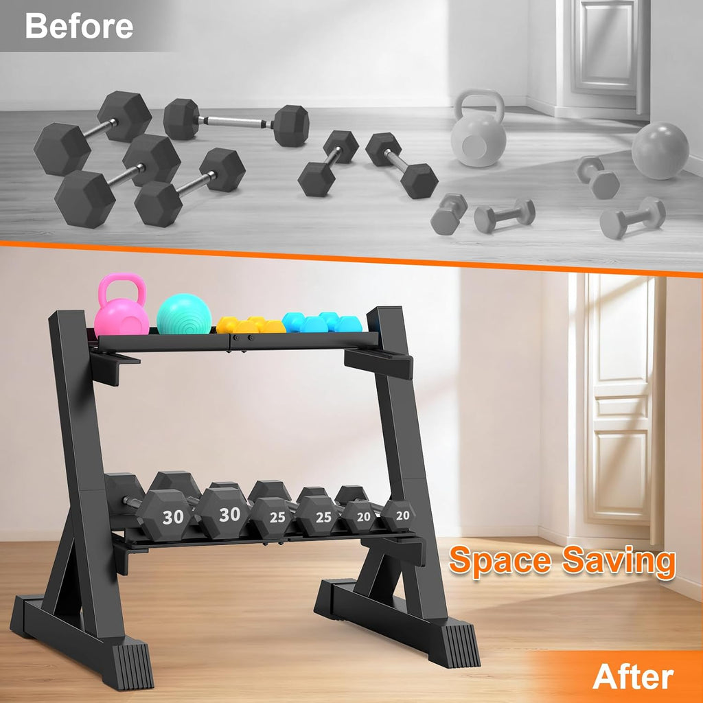 TomCare Dumbbell Rack - Adjustable 2-Tier Weight Stand for Home Gym | Heavy-Duty Metal, 33" Length, 360 lb Capacity