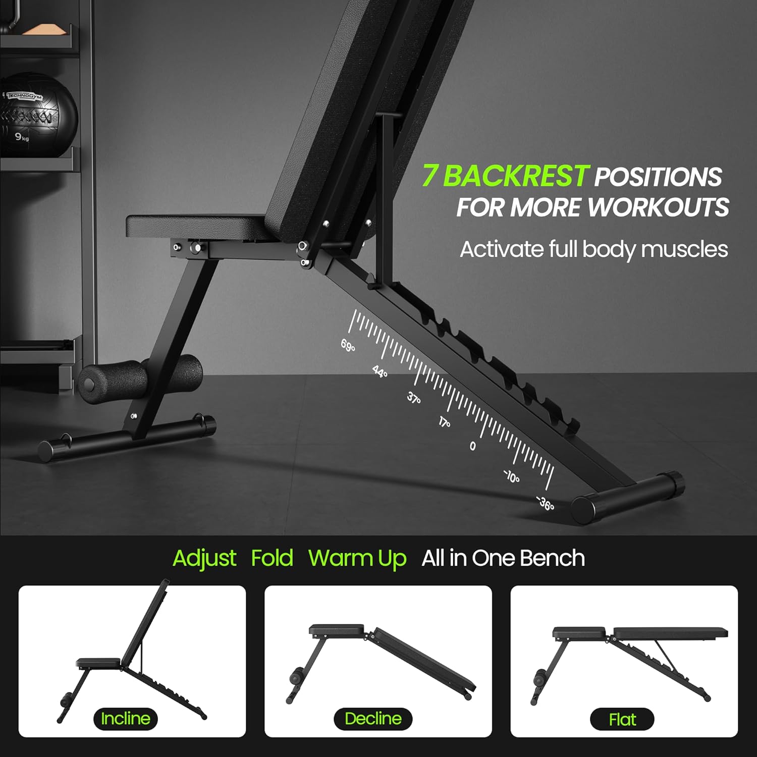 Skiennix Adjustable Weight Bench - Foldable Home Gym Equipment for Full Body Fitness | 600LBS Capacity