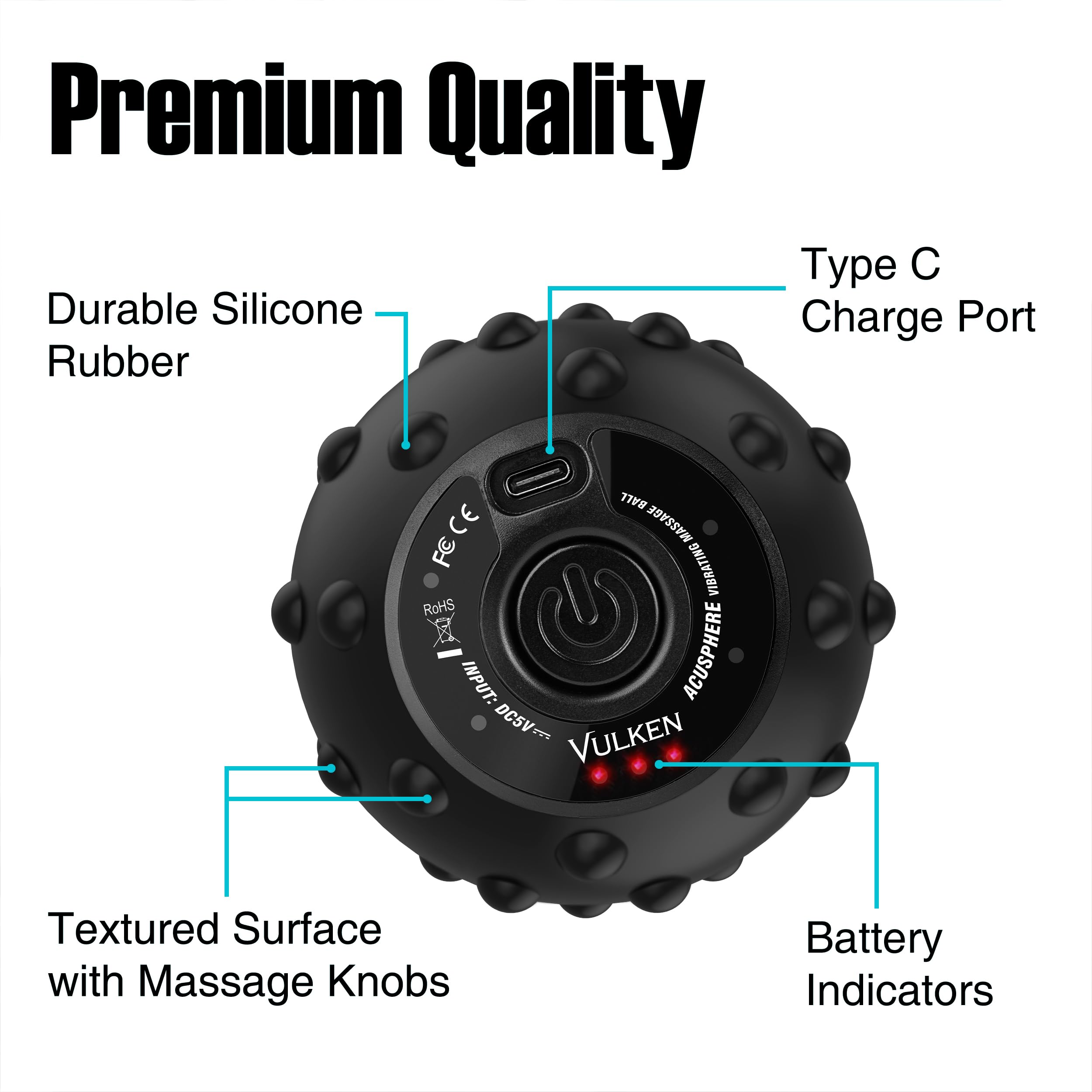 Vulken 4 Speed High Intensity Vibrating Massage Ball with USB Charging for Muscle and Deep Tissue, Plantar Fasciitis Pain Relief, Myofascial Release and Trigger Point Treatment for Back