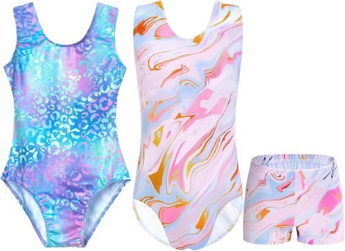 Domusgo Girls Gymnastics Leotards - Green Leopard & Pink Tie Dye | Size 6-7 Years Old