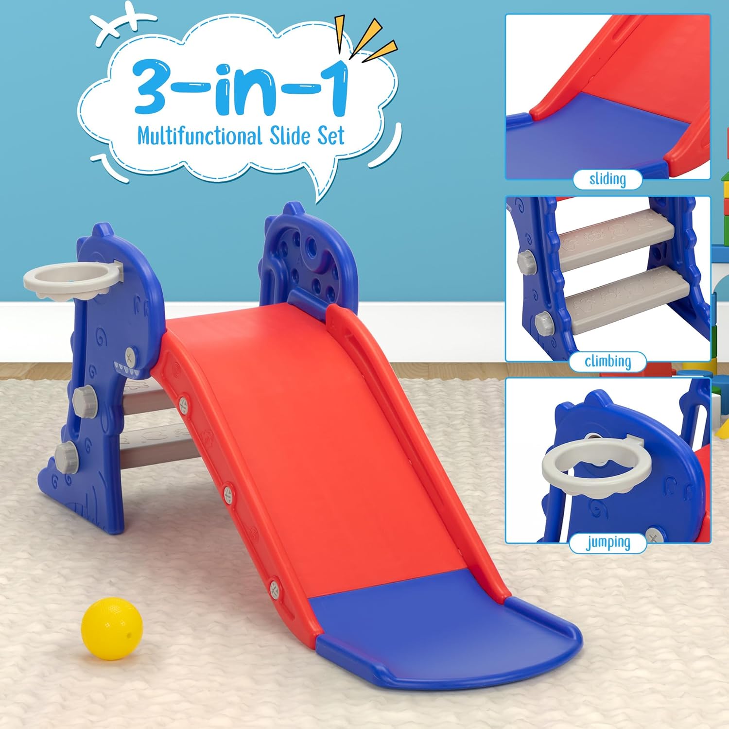 Nyeekoy Toddler Slide - 3-in-1 Kids Climber Playset with Basketball Hoop | Indoor & Outdoor Fun