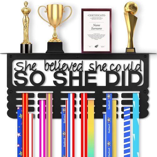 Medal Hanger Display with Trophy Shelf, Upgraded Sports Medal Holder Trophy Display Shelf Ribbon Holder Simple Wall Hanger (SHE BELIEVED SHE COULD SO SHE DID)