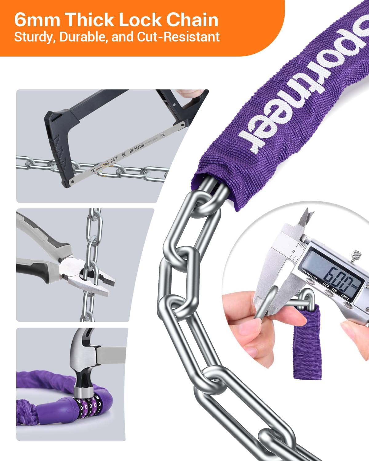 Sportneer Bike Lock - High Security 5-Digit Combination Chain Lock | Keyless, Heavy Duty, 3.2/3.6/4ft, 4/6mm Thick