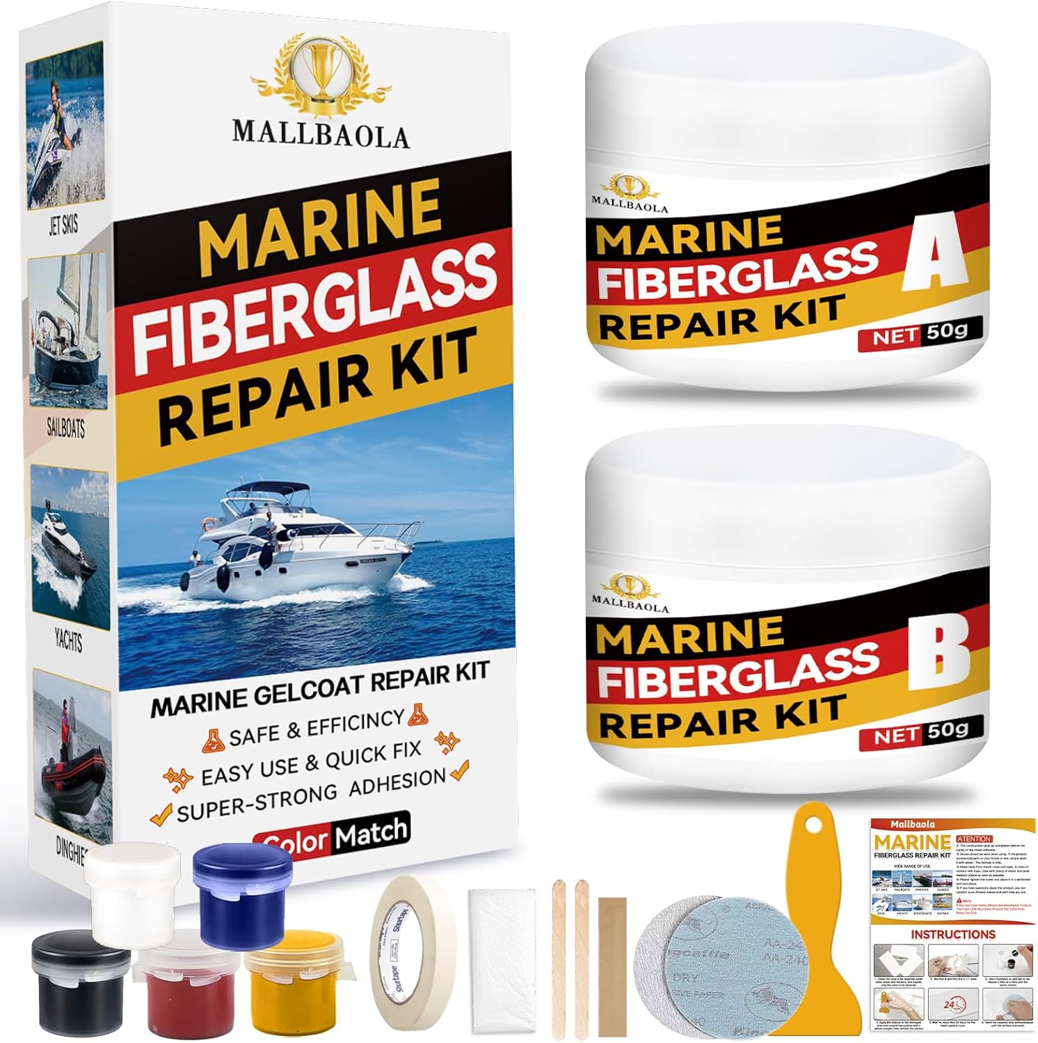 Skiennix Marine Fiberglass Repair Kit - Gel Coat & Epoxy Filler for Boats | Fix Holes, Chips, Cracks