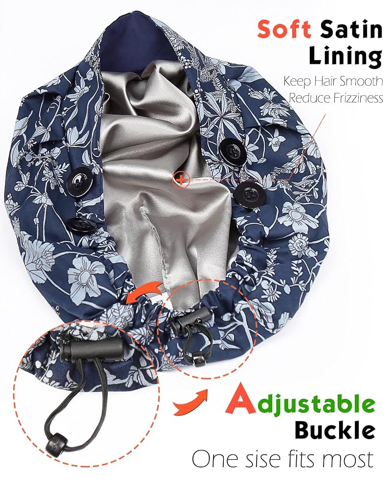 Satin Lined Bouffant Scrub Cap with 4 Buttons and Adjustable Back - Nurses Hair Cap (Natural Blue)