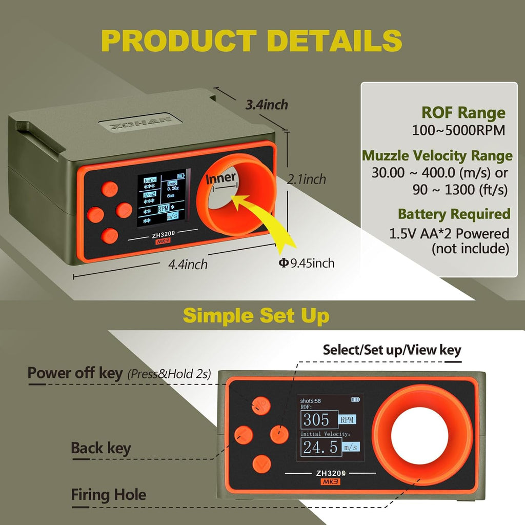 ZOHAN Airsoft Chronograph - Accurate Speed Tester for Airsoft Guns & Paintball | Easy Setup, 4 Adjustable Parameters