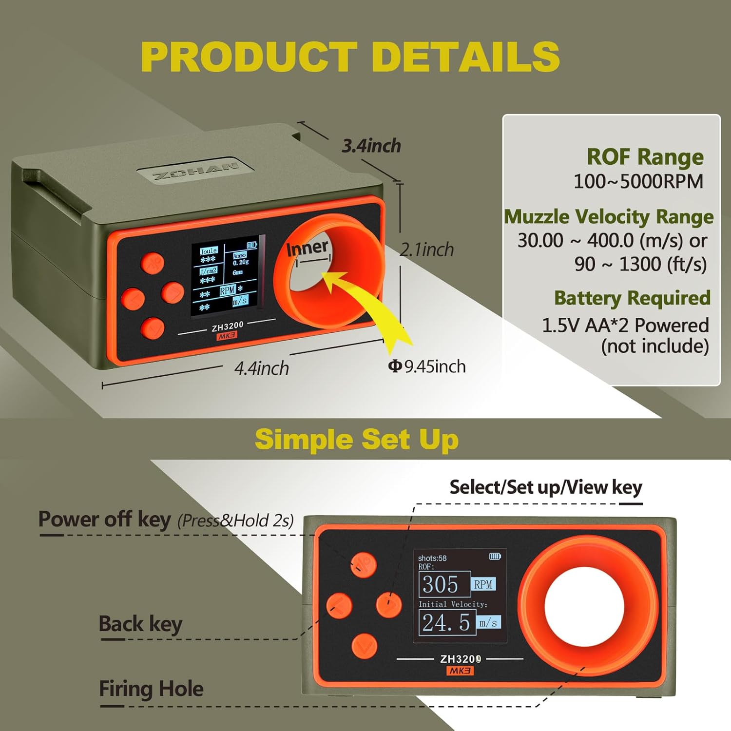 ZOHAN Airsoft Chronograph - Accurate Speed Tester for Airsoft Guns & Paintball | Easy Setup, 4 Adjustable Parameters