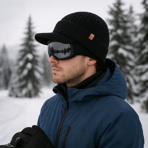 TOP-EX PolarWool™ 50% Merino Wool Winter Hat for Men Women Visor Beanie with Brim Fleece Lined Knit Skull Cap for Cold Weather Outdoor Hiking Skiing Black M/L