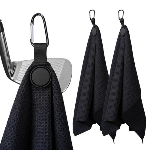 MINGLITAI Magnetic Golf Towel, 23.6"x15.7" Golf Cleaning Towel, Premium Ultra-Absorbent Microfiber Golf Towel for Golf Bags, Carts and Clubs, Waffle Weave Pattern (Black, Large - 2 Pack)