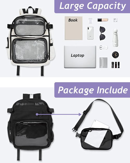 VOUSXLLEZ Ita Bag Backpack Double Window Pins Bag with insert, Backpack for Cosplay and Concert(Pins NOT Included) (White)