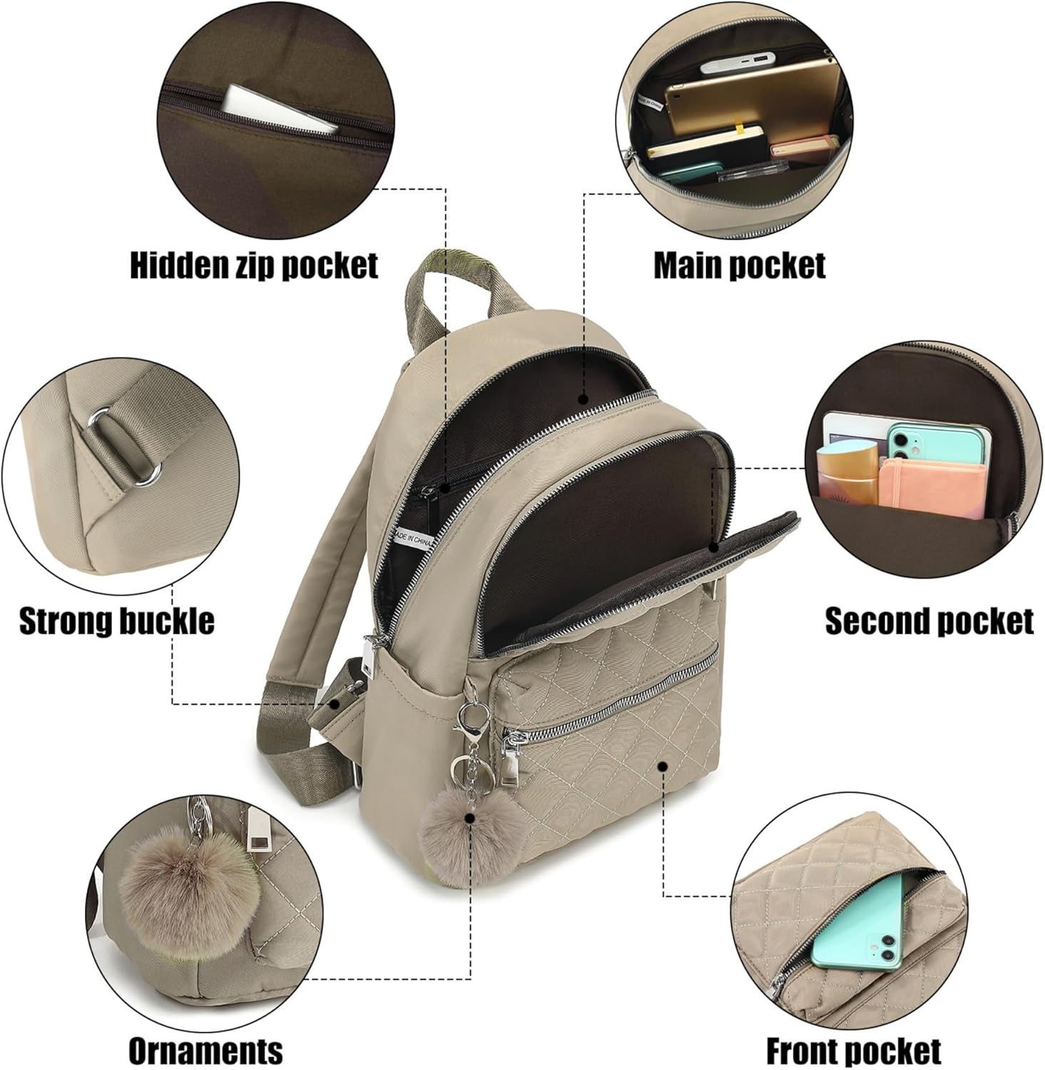 TANTOMI Mini Backpack Purse - Lightweight Travel Bag for Women with Pom Detail | Stylish & Compact