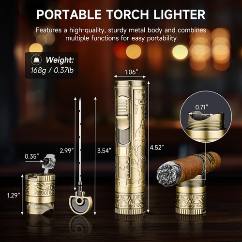 XIFEI Torch Lighter, 4-in-1 Cigar Lighter with Jet Flame, Punch, Holder, Draw Enhancer, Windproof Refillable Butane Lighters, Multi-Functional Cigar Accessories Gift for Men (Bronze)