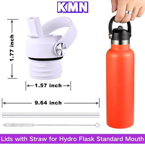 KMN White Straw Lid for Hydro Flask Standard Mouth - BPA Free Leak-Proof Sport Cap with 2 Straws & Brush | Fits 18, 21, 24 oz