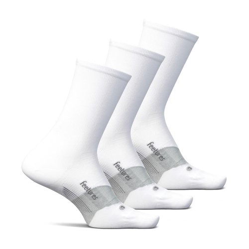 FeeturesElite Ultra Light Cushion Mini Crew Sock - Sport Sock with Targeted Compression - White, Medium (3 Pair)
