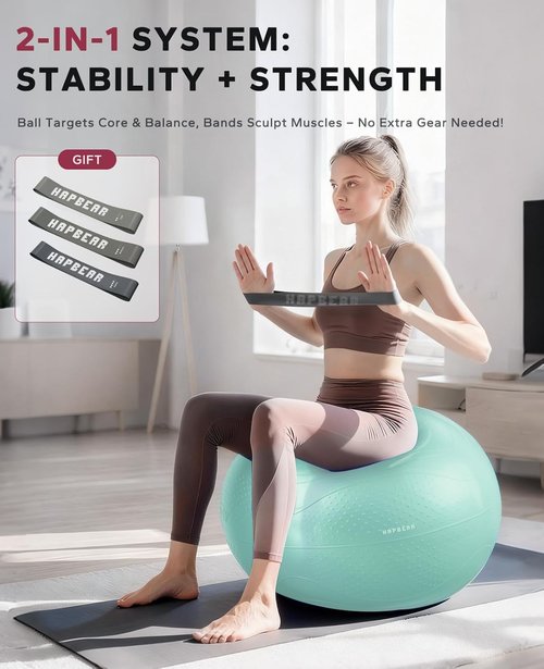 HAPBEAR Exercise Ball (22''/26''/30'') - Anti-Burst Slip-Resistant Yoga/Pilates Ball for Core Training & Posture Improvement, Home Gym/Rehab/Pregnancy Ball, Quick Pump & 3 Resistance Bands Included