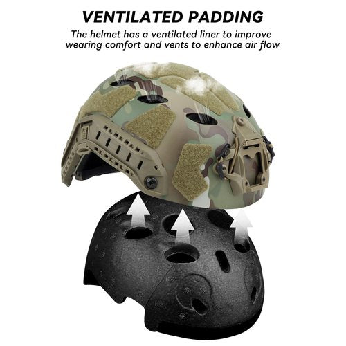 AOUTACC Lightweight Tactical Fast Helmet, Integrated Tactical Airsoft Helmet with NVG Mount Base, Side Rails,Pre-Slotted Headset Strap and Helmet Accessories for Outdoor Sports-Camouflage