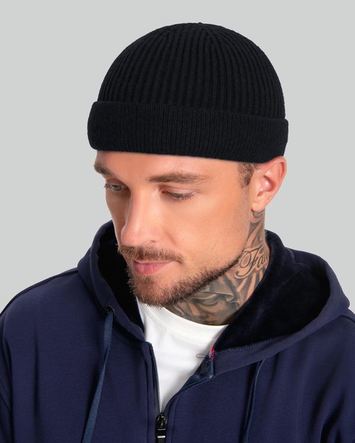 ROYBENS Short Fisherman Beanie for Men Women, Wool Warm Winter Hat, Swag Knit Cuff Soft Trawler Beanies Watch Cap Skull Caps, Black