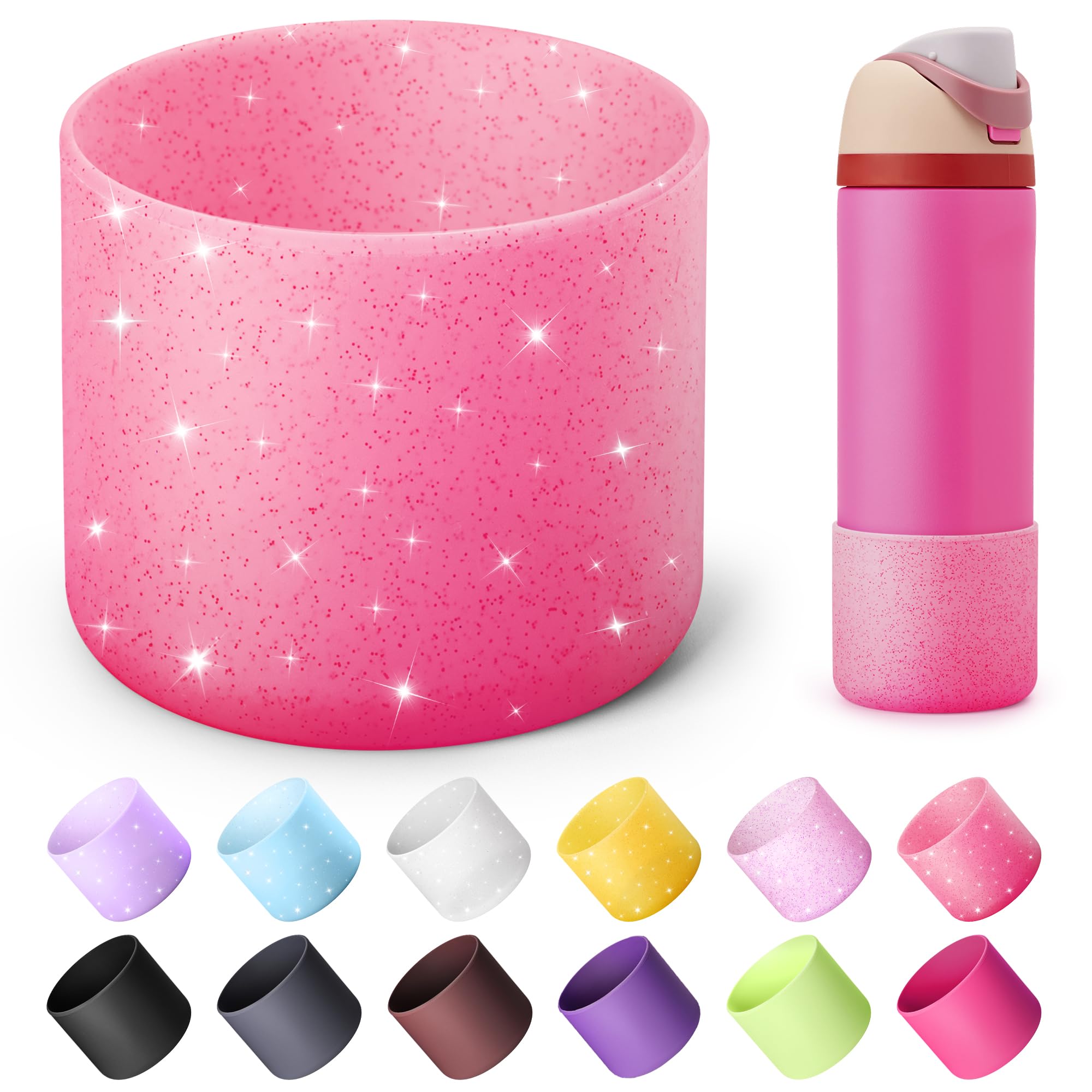Diumepo Silicone Boot for Owala 24 oz Water Bottles, Anti-Slip Protective Sleeve Bottom Protector for Owala Twist & FreeSip & Flip Stainless Steel Water Bottle (Glitter Rose Red)