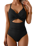 Eomenie Women's One Piece Swimsuits Tummy Control Cutout High Waisted Bathing Suit Wrap Tie Back 1 Piece Swimsuit Black and Green Leaf Print