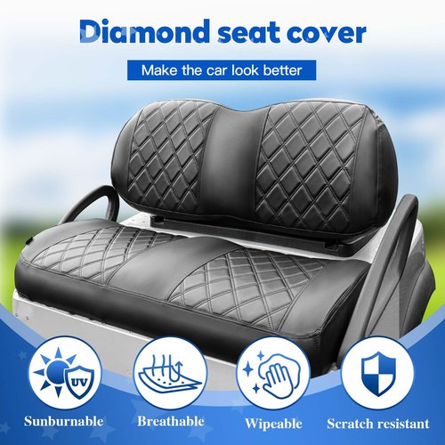 NOKINS Golf Cart Seat Covers Fit Club Car Precedent/Tempo/Onward Premium Front Seat Cushion, Golf Cart Vinyl Diamond Seat Covers, Soft/Scratch-Resistant/No Stapler Needed (Black&Black Stitching)