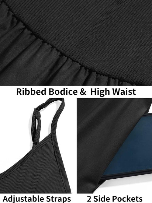 Fisoew Women's Spaghetti Strap A-Line Dress - Backless Summer Cami with Pocket | Casual Style