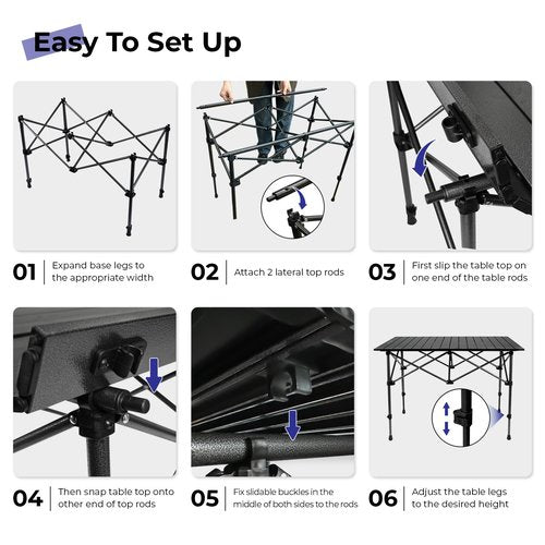 Byliable Camping Table Folding Portable Camp Aluminum Fold Up Lightweight Roll Up Table Adjustable Height with Carry Bag Indoor Outdoor for Camping, Picnic, Backyard, BBQ, Patio, Black