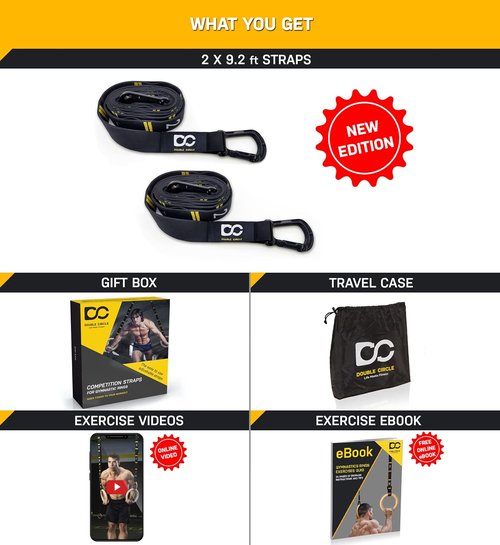 Double Circle Gymnastic Rings Straps - Quick Adjust Carabiner System & Exercise Video Guide for Full Body Workouts