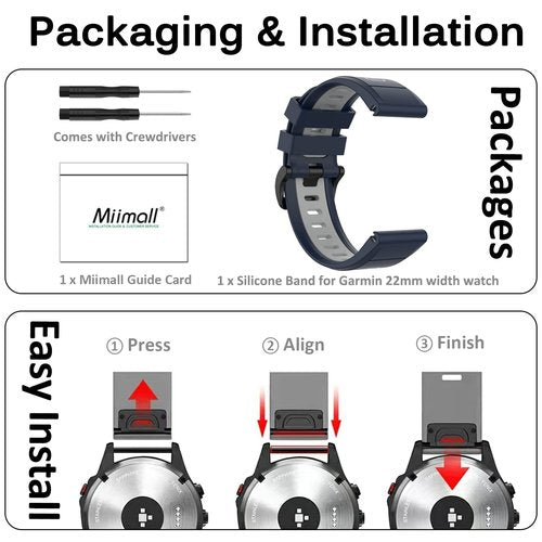 Miimall Compatible for Fenix 7/6/5 Bands, 22mm Width Soft Silicone Sport Waterproof Replacement Strap Band for Fenix 7/7 Solar/7 Sapphire Solar/6/5/Instinct(Midnight Blue+Grey)