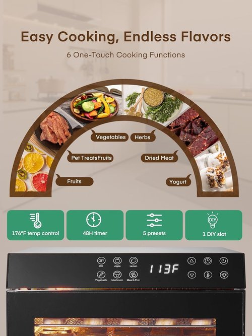 FOHERE Food Dehydrator - 1000W with 10 Trays & 9.04ft² Drying Space | Digital Timer & Temperature Control