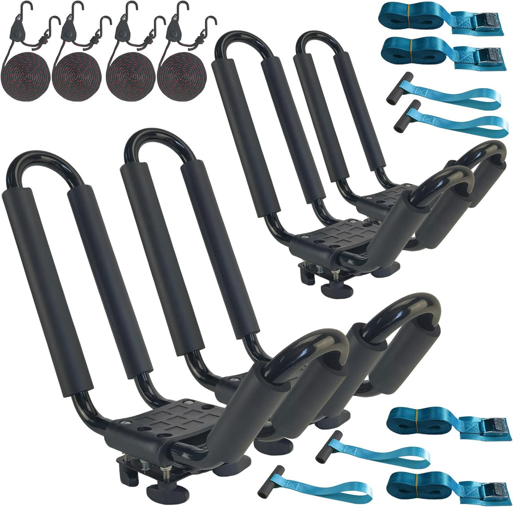 Skiennix Heavy Duty Kayak Rack - Easy Mount Car Roof Crossbar | Includes 4 Ratchet Ties, J-Bar Design