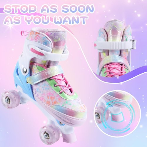 Kids Roller Skates, 4 Size Adjustable Quad Skates with All Light Up Wheels, 10C to 8 Rollerskates for Toddlers, Beginners, Boys, Girls, Outdoor, Indoor, Pink, Medium