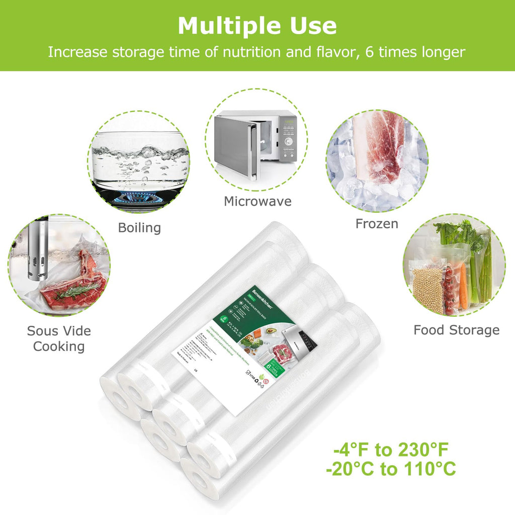 Bonsenkitchen Vacuum Sealer Rolls Bags, 6 Pack 3 Rolls 11" x 20' + 3 Rolls 8" x 20' Commercial Grade BPA Free Bag Rolls, Durable Customized Size Food Vac Bags for Storage and Sous Vide Cooking VB3211