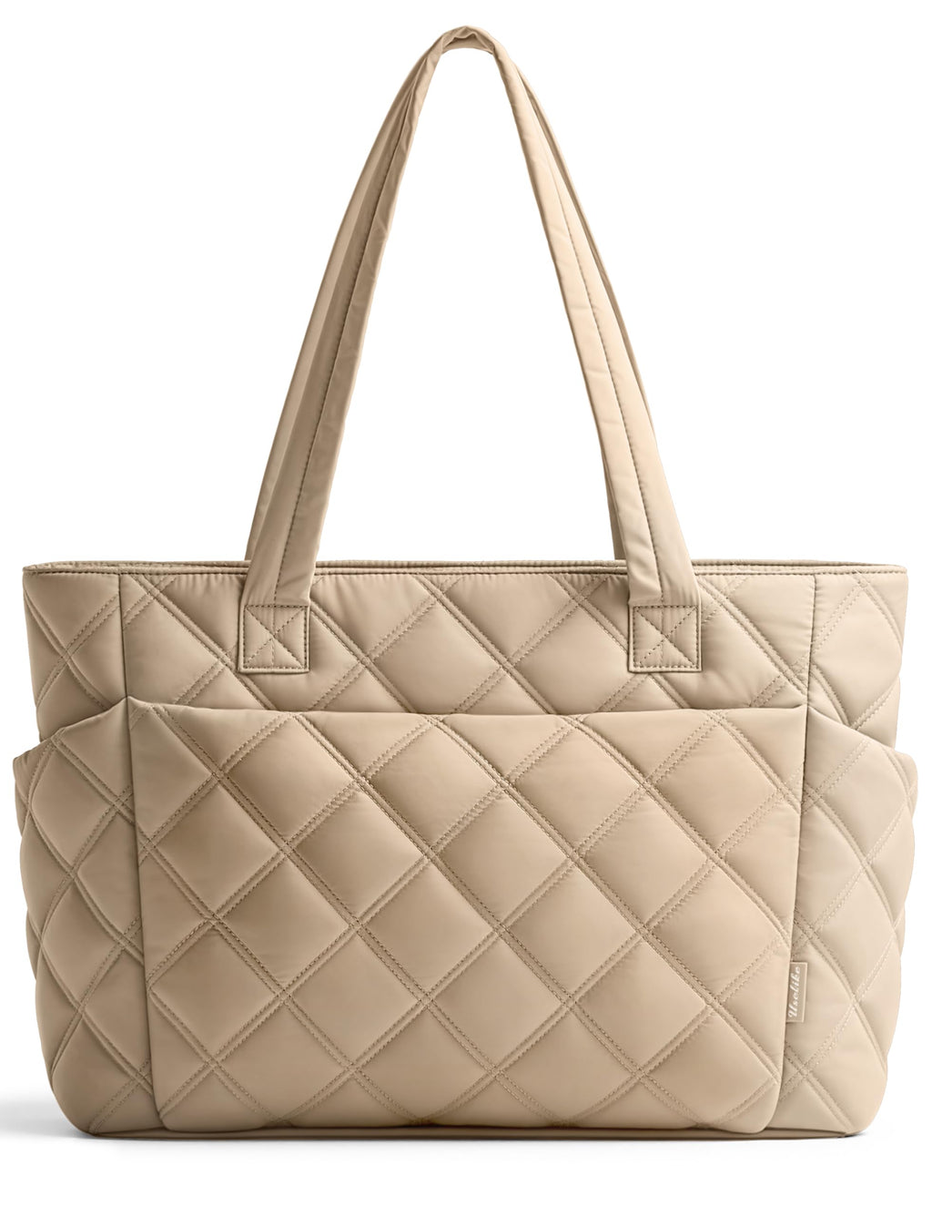 Uselike Tote Bag for Women, Lightweight Puffer Tote Work Bags with Compartments for Travel, Quilted Shoulder Bag with Zipper (Light Khaki)