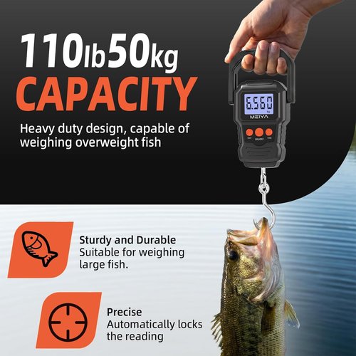 MEIYA Digital Fish Scale - Accurate LCD Display Up to 110lb/50kg | Essential Fishing Gear with Batteries & Hook