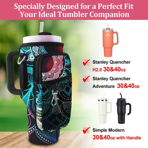 LAOTANGJIA Stanley Cup Bag with Strap Indian Hippie Bohemian Water Bottle Holde 40oz Tumbler Carrier with Strap Water Bottle Carrier Bag with Phone Pocket Stanley Cup Accessories Mandala Flower