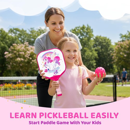 Joycat Kids Pink Pickleball Paddles Set, 2 Cute Pickleball Paddles for Kids with Small Grip,2 Pickleballs, 1 Drawstring Bag,Indoor Outdoor Sport Gifts for Girls(Unicorn)