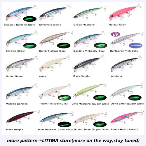 LITTMA Surf Fishing Lures - Saltwater Jerkbait Crankbait Minnow 110 | Metallic Sardine & Pearl Pink Glow for Halibut & Striper