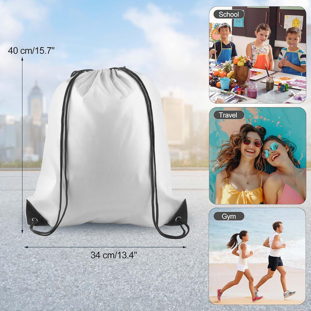 PLULON Drawstring Backpack Set - 6 White Cinch Sacks for Gym, Yoga & Travel Activities