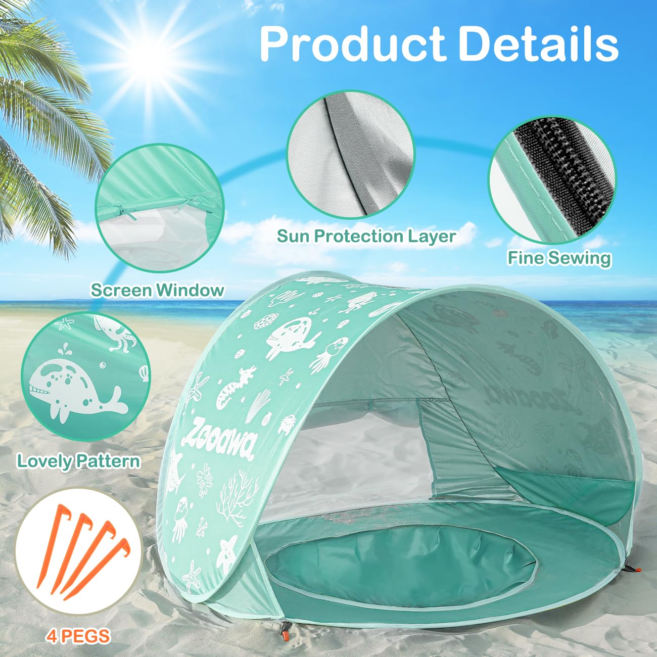Zooawa Baby Beach Tent, Pop Up Beach Tent Sun Shade for Beach, Portable Shade Pool UV Protection Sun Shelter for Infant with Beach Sand Toys Set, Yellow