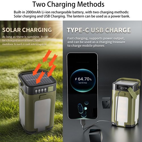 Solar LED Camping Lantern Portable IPX4 Waterproof Camping Lamp Rechargeable with 2000mAh Solar Charging & LED Power Indicator Lantern with 6 Modes Portable Flashlight Tent Lights for Camping Hiking