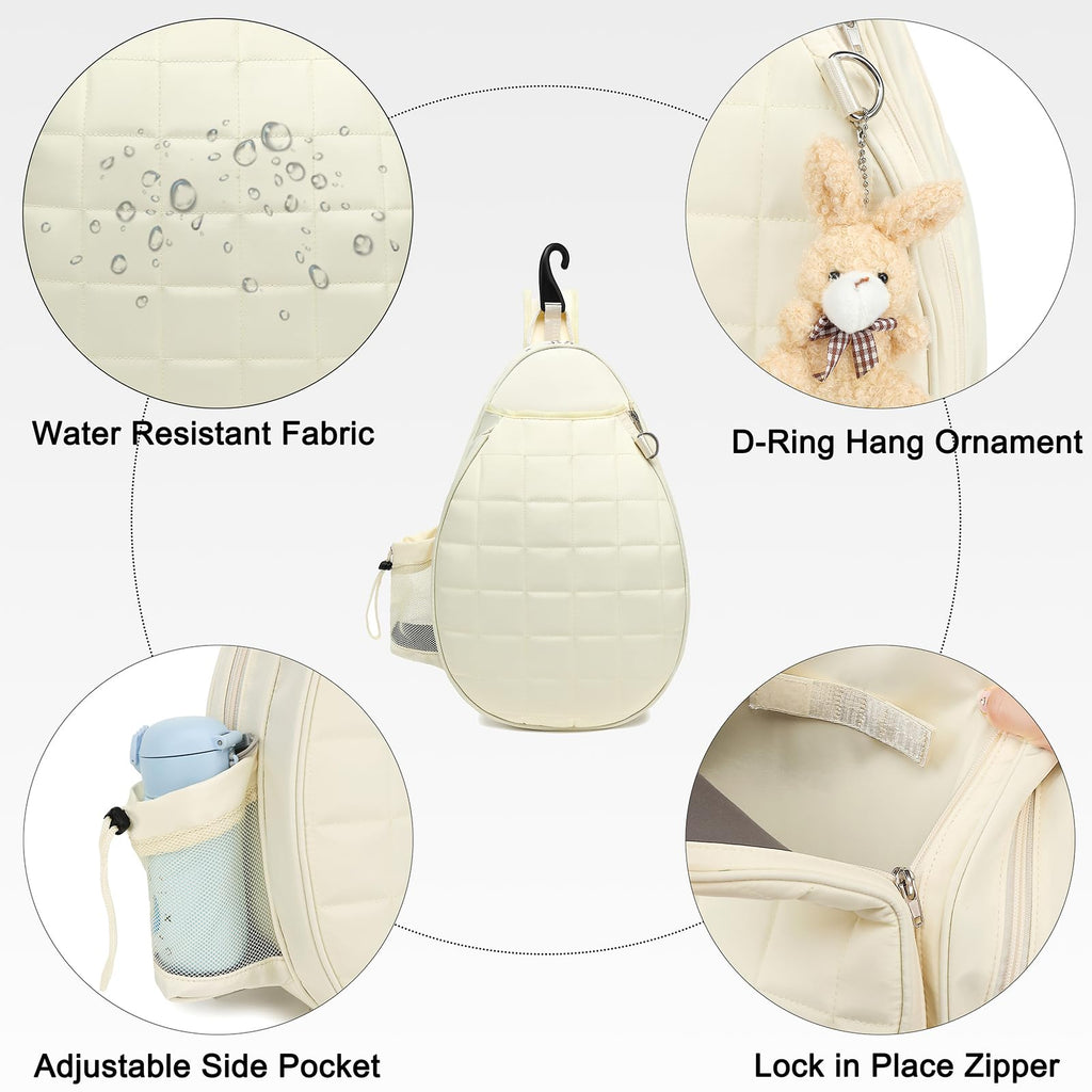 Rejolly Tennis Racket Sling Bag for Women Men Quilted Water Resistant Racquet Cover One Shoulder Crossbody Bag for 2 Tennis Rackets, Pickleball Paddles, Badminton Racquet Cream White