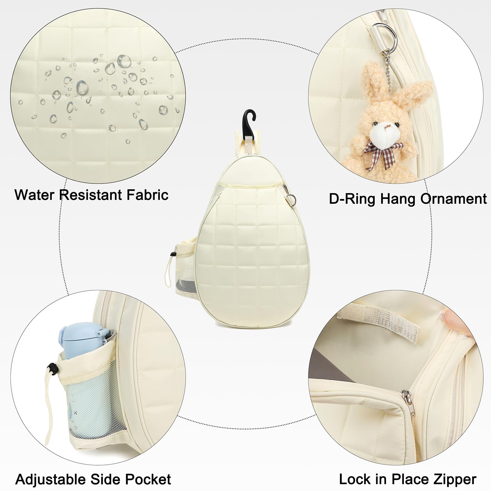 Rejolly Tennis Racket Sling Bag for Women Men Quilted Water Resistant Racquet Cover One Shoulder Crossbody Bag for 2 Tennis Rackets, Pickleball Paddles, Badminton Racquet Cream White