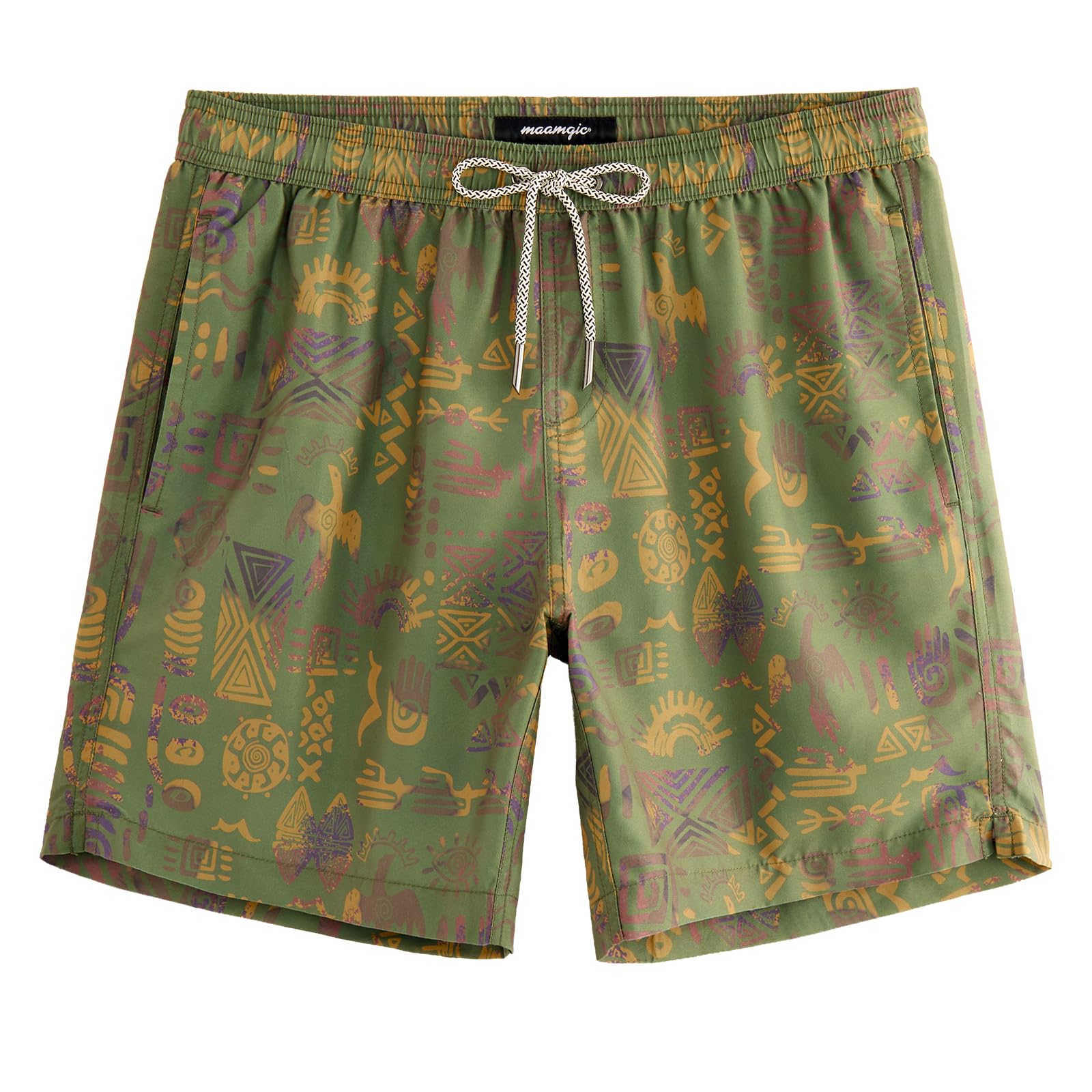 maamgic Mens Swim Trunks Quick Dry Swim Shorts with Mesh Lining Funny Swimwear Bathing Suits 7inch Folk Patterns Green Large