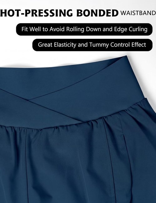 Blooming Jelly Women's High Waisted Athletic Running Shorts - Crossover Design with Zipper Pockets