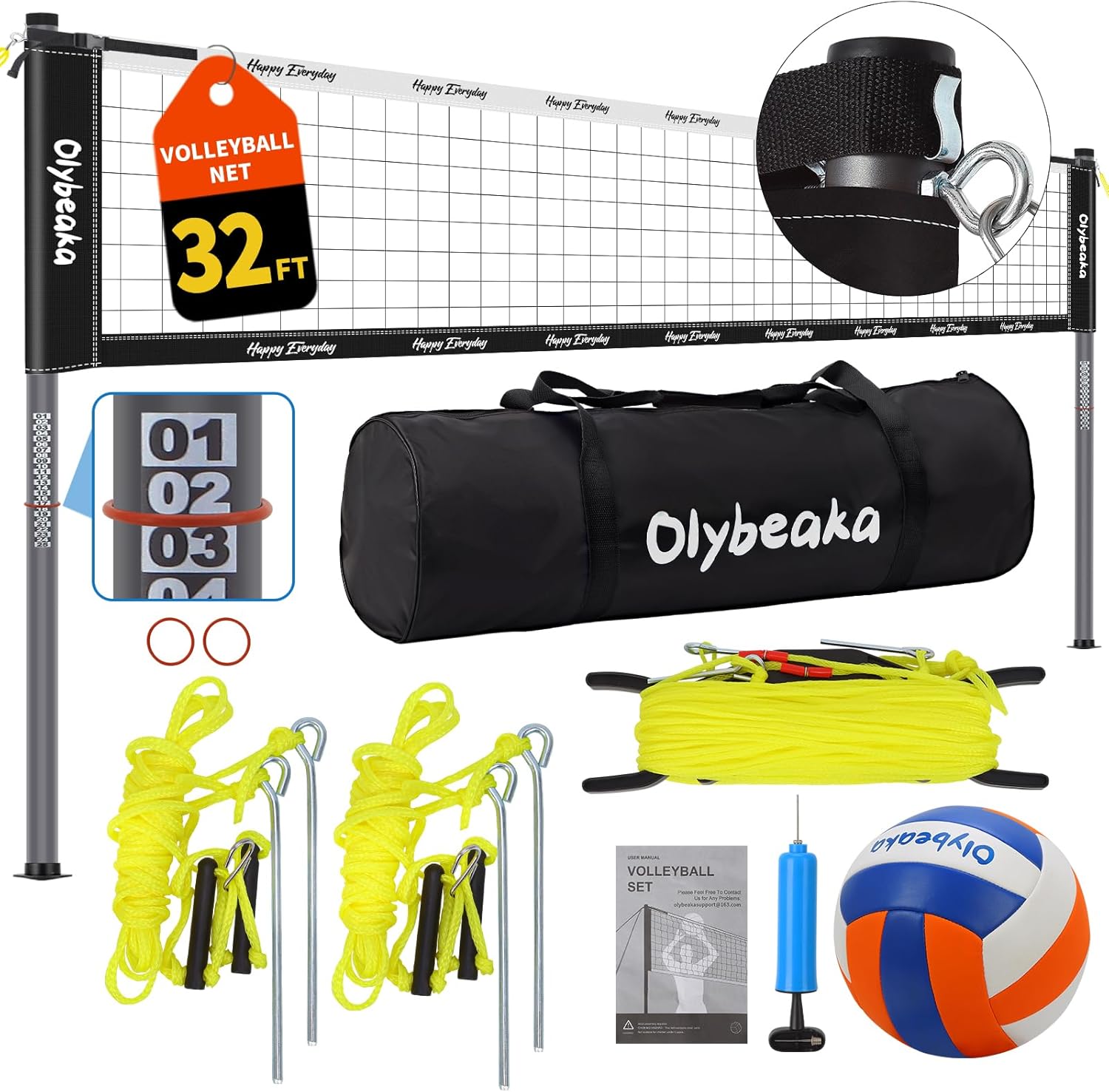 Skiennix 32ft Outdoor Volleyball Net Set - Adjustable Heavy Duty Poles, Durable 28-Ply Net, PU Volleyball & Pump Included