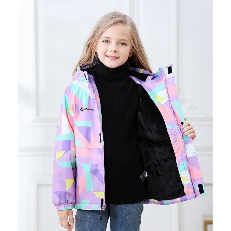Girls' Waterproof Winter Ski Jacket – Fleece Lined Hooded Snow Coat, Cube Purple+13-14